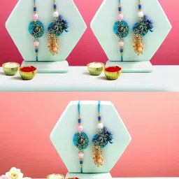 ADIVA Pearls Beaded Peacock Lumba Rakhis With Roli Chawal Chandan & Meshrei Card-picture-30