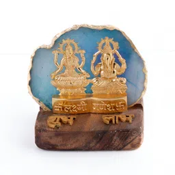 HOMEARTE Laxmi Ganesha with Green Agate and Wooden Base Showpiece image 2
