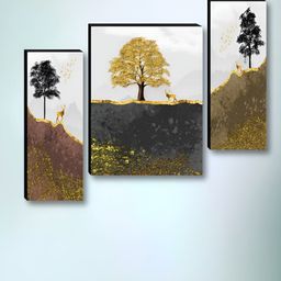 SAF Brown & Yellow 3 Piece Tree Printed Wooden Wall Art-picture-17