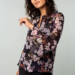 KERI PERRY Floral Print Mandarin Collar Flared Sleeves Georgette Top image 5