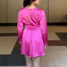 House of Sal Women Solid Pink Fit & Flare Wrap Mini Satin Playsuit image 3