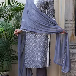Ruvii Floral Printed Round Neck Mirror Work Block Print Kurta With Trousers & Dupatta image 5