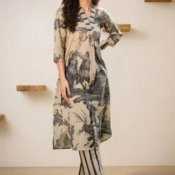 Indo Era Women Printed Regular Linen Kurta with Trousers-picture-22