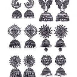 Sangria Set Of 6 Silver Plated Oxidized Jhumka Earrings-picture-20