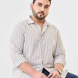 Snitch Plus Size Vertical Striped Spread Collar Cotton Linen Casual Shirt-image-75