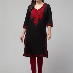 TRENDY ERA Women Floral Embroidered Chikankari Woollen Straight Kurta-image-7