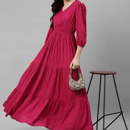 Raiyani Fashion Women V-Neck Tiered Long Flared Maxi Dress-picture-17