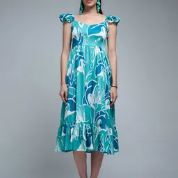 R.Code by The Roadster Life Co. Women Printed Flutter Sleeve Fit & Flare Midi Dress image 3