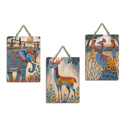 ArtVibes 3-Pcs Beige & Blue Jaipur Deer in Forest Wooden Wall Hanging Decor image 5