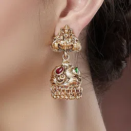 KARATCART Gold-Plated Dome Shaped Artificial Stones Studded Laxmi Mata Jhumkas image 3