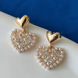 FIMBUL Gold-Plated Crystals Studded & Pearls Beaded Heart Shaped Drop Earrings-picture-22