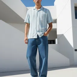 glitchez Lapel Collar Self-Striped Relaxed Shirt image 5