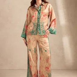 Outzidr Floral Printed Shirt Collar Relax Fit Satin Shirt With Wide Leg Trousers-picture-32