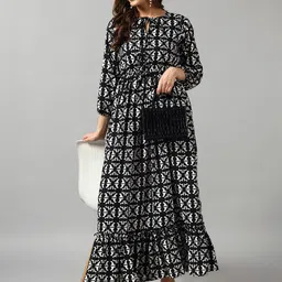 Raiyani Enterprise Women Geometric Printed Tie-Up Neck Crepe Maxi Dress-image-85