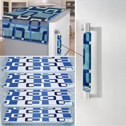 E-Retailer 6Pc White & Blue Printed Waterproof 3-Layered Refrigerator Covers With Pockets-picture-25