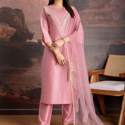 House of Pataudi Embroidered Yoke Kurta & Trousers with Net Dupatta-picture-44