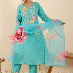 Indo Era Women Floral Embroidered Regular Thread Work Kurta with Trousers & With Dupatta-picture-42
