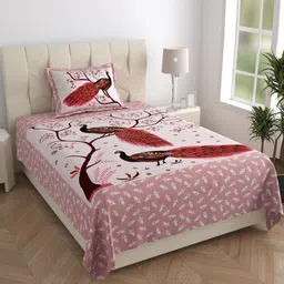 MANDAKINI Pink & White Floral 144 TC Single Bedsheet with 1 Pillow Covers-picture-39