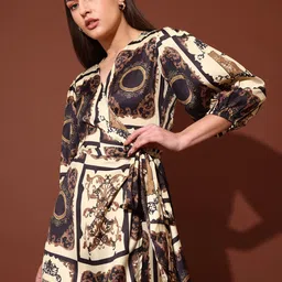 PURVAJA Geometric Printed Puff Sleeves Midi Wrap Dress image 2