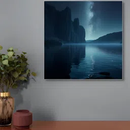 nestroots Navy Blue & White Tranquil Lakeside Night Sky Painting Canvas Wall Art-picture-42