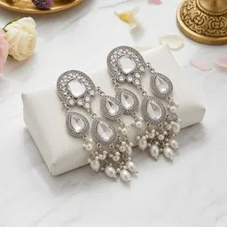 TESSARA Silver-Plated Artificial Stones Studded And Beaded Teardrop Shaped Drop Earrings image 3