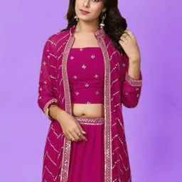 PARROT CREATION Geometric Embroidered Georgette Crop Top With Skirt & Shrug image 3