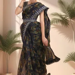 Sangria Floral Printed Embroidered Sequinned Organza Jimmichu Saree with Blouse & Belt image 4