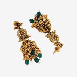 Kushal's Fashion Jewellery Gold Plated Stones and Beads Antique Dome Shaped Jhumkas image 3