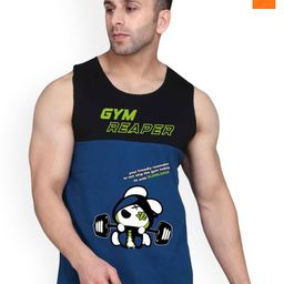 SLOWLORIS Pack Of 2 Printed Round Neck Sleeveless Bio-Wash Cotton Gym Vests-picture-35