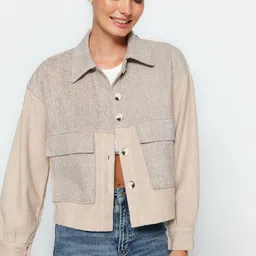 Trendyol Women Camouflage Striped Crop Tailored Jacket with Patchwork-picture-37
