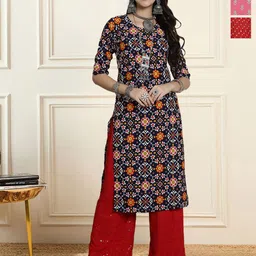 HERE&NOW Selection Of 3 Ethnic Motifs Printed Round Neck Straight Kurtas-picture-34