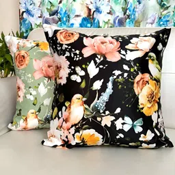 TARA- Sparkling Homes Black & Green Set of 2 Floral Satin Square Cushion Covers-image-89
