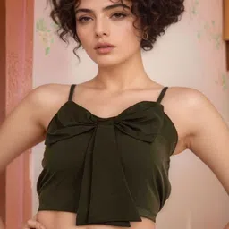 VANGULL Women Solid Crepe Crop Top with Bow Detail-image-8