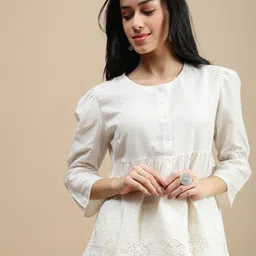 De Moza Embroidered Puff Sleeve Cotton Peplum Top-picture-14