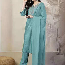 Nayam By Lakshita Ethnic Motifs Embroidered Straight Kurta with Palazzo & Dupatta image 5