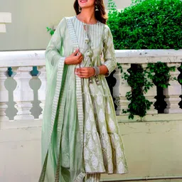 HERE&NOW Ethnic Motifs Printed Tiered Anarkali Kurta with Trousers & Dupatta image 2
