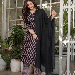 Divyadham Textiles Floral Printed V-Neck Straight Kurta With Trousers & Dupatta image 3