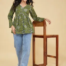 AKSHADEEP Floral Print Cotton Peplum Top-picture-12