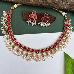 GRIIHAM Gold-Plated American Diamond Stone Studded & Pearls Beaded Jewellery Set-image-58