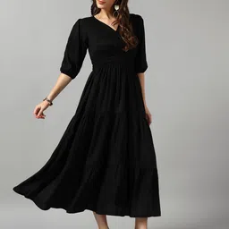 Krunal Raiyani Women Crepe Gathered or Pleated Fit & Flare Tiered Midi Dress-image-91