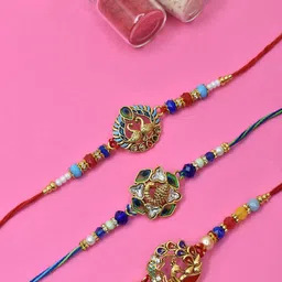 MEIRA JEWELLERY Set Of 3 American Diamond & Kundan Studded & Beaded Thread Rakhis-picture-43