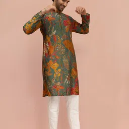 KISAH Men Floral Printed Sequins Cotton Straight Kurta image 4