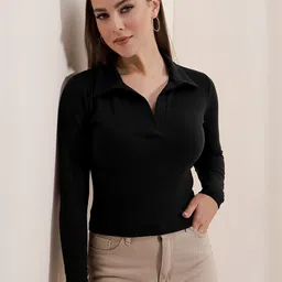 Maheshvi Women Shirt Collar Ribbed Long Sleeves Top-picture-32