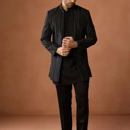 KISAH Sequinned Mid Embroidered Kurta Front Open Short Sherwani Trouser Set-picture-26