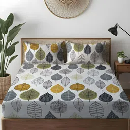 WEAVE AND DECOR White Leaf Pure Cotton 300 TC Double Queen Fitted Bedsheet Set 1.82mx1.82m-image-86