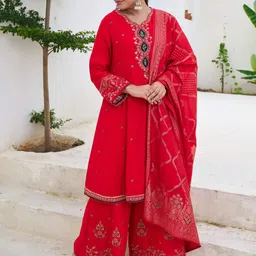 KALINI Ethnic Motifs Embroidered Thread Work A-Line Kurta & Palazzos With Dupatta image 5