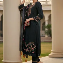 Indo Era Floral Embroidered Regular Thread Work Pure Cotton Kurta With Trousers & Dupatta-image-59