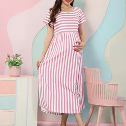 EASY MOM Striped Maternity Fit & Flare Maxi Dress-image-63