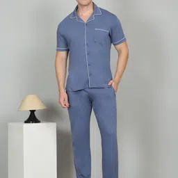 Sweet Dreams Men Solid Pure Cotton Front-Open Pyjama Set-picture-12