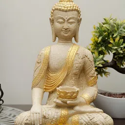 Craftlayout Off-White & Gold-Toned Buddha Statue Buddha Idol Showpiece image 4